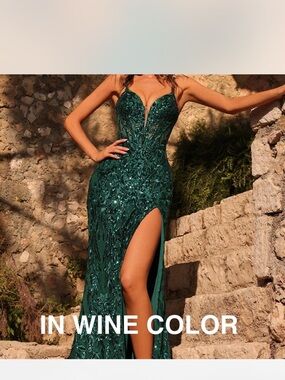 Sequined Deep V Evening Gown in Wine